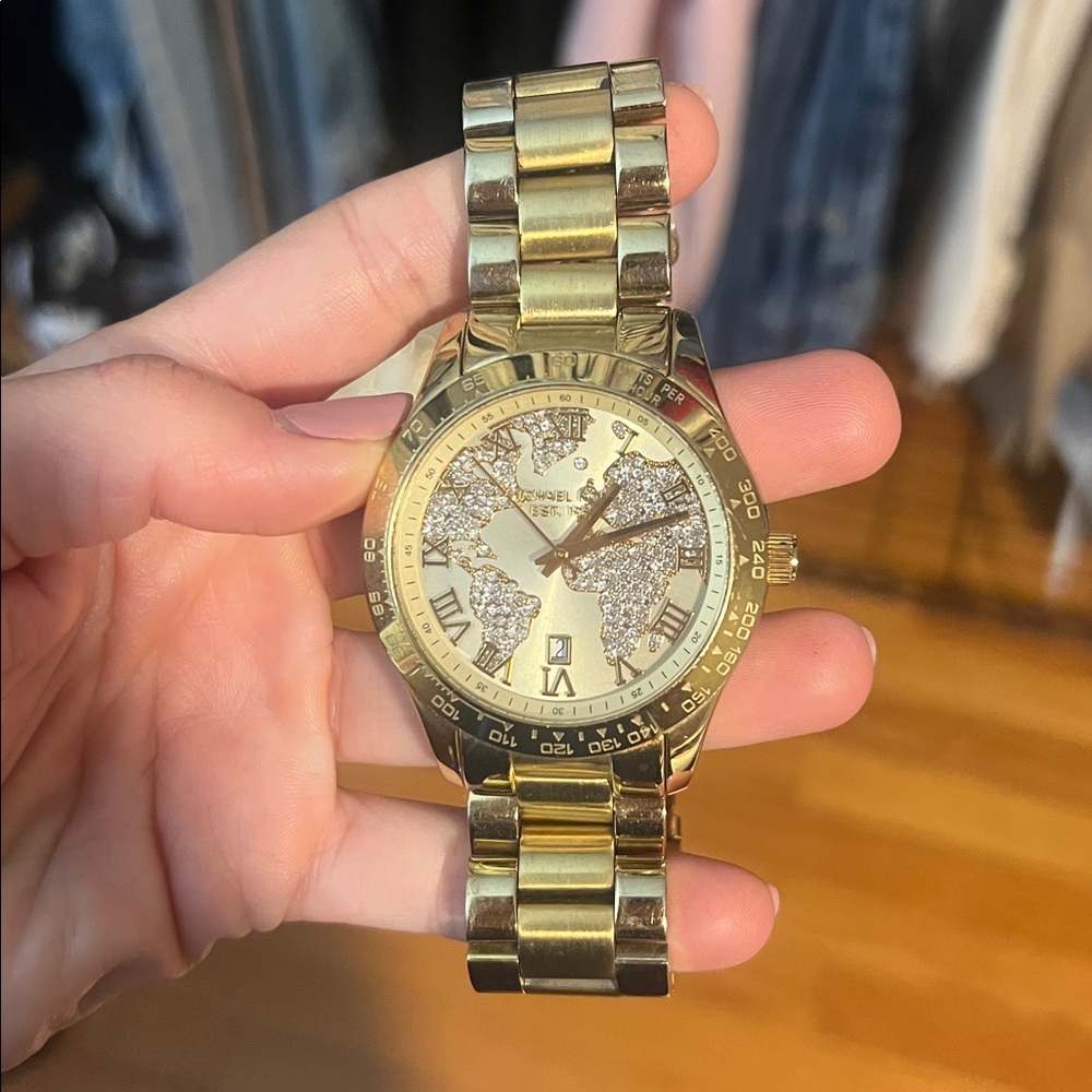 Michael Kors Gold Watch with Glittering World Map Dial